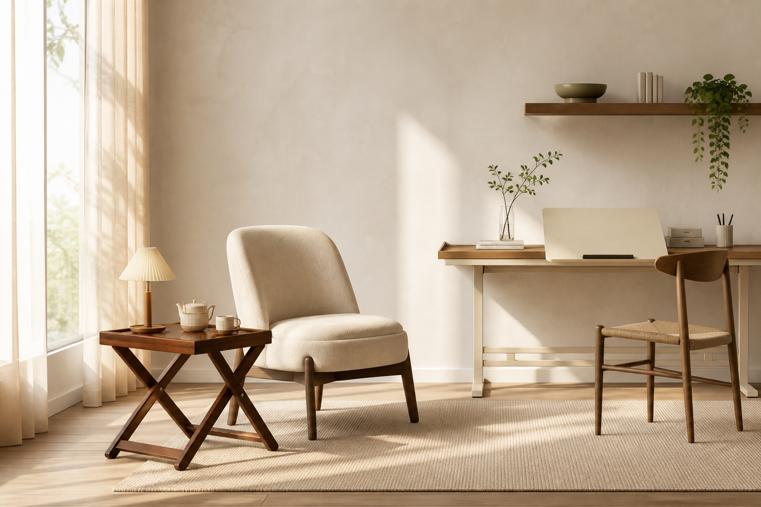A warm NEST-Y interior with side table, chair and writing desk